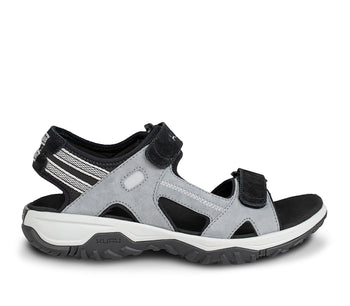 Outside profile details on the KURU Footwear TREAD Women's Sandals in FossilGray-SkyBlue-JetBlack