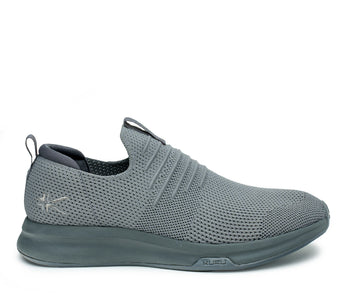 Outside profile details on the KURU Footwear ATOM Slip-On Men's Sneaker in LeadGray